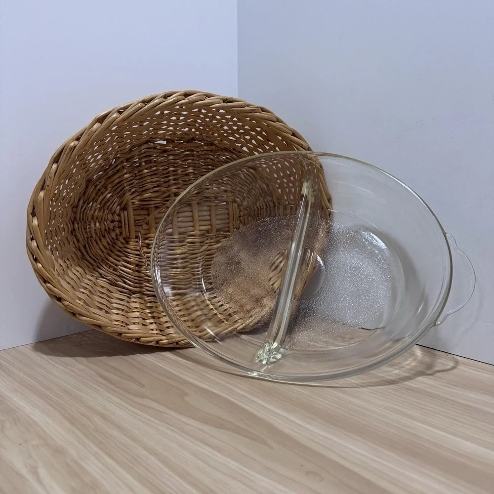 VTG Clear Glass Glasbake Divided Casserole Dish #239 w/Woven Wicker Basket Oval
